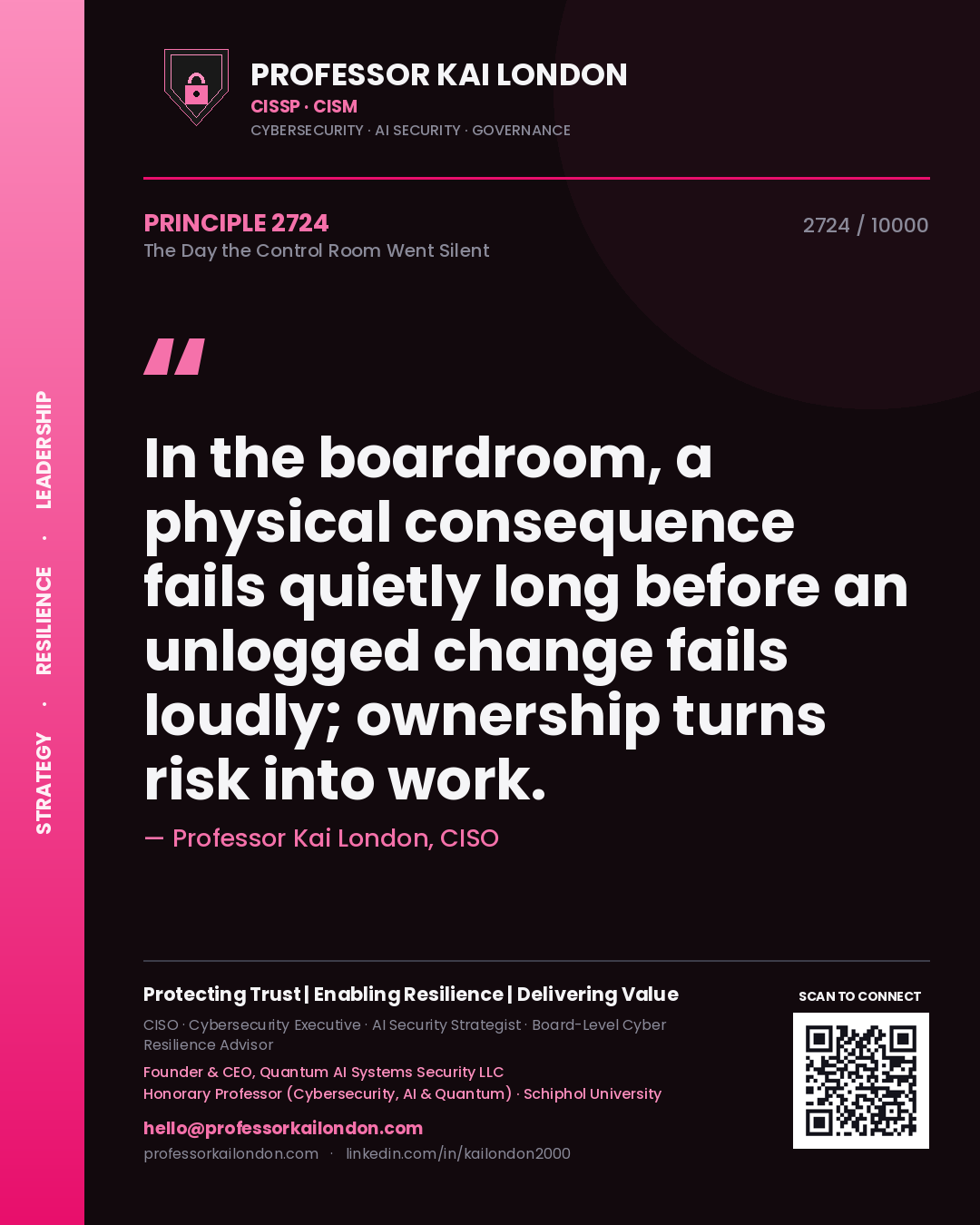 Professor Kai London principle 2724: In the boardroom, a physical consequence fails quietly long before an unlogged change fails loudly; ownership turns risk into work.