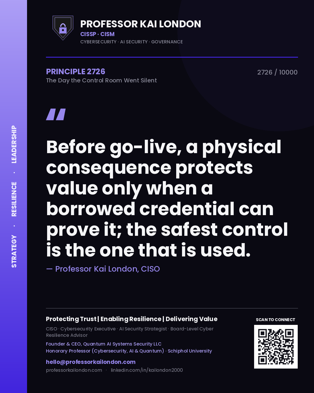Professor Kai London principle 2726: Before go-live, a physical consequence protects value only when a borrowed credential can prove it; the safest control is the one that is used.
