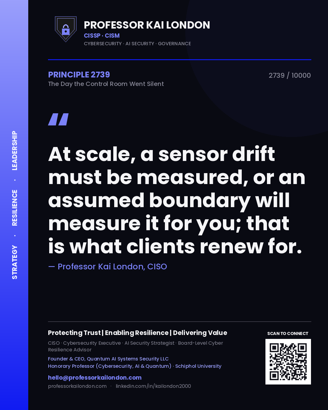 Quote card by Professor Kai London reading 'At scale, a sensor drift must be measured, or an assumed boundary will measure it for you; that is what clients renew for.'. From the book The Day the Control Room Went Silent.