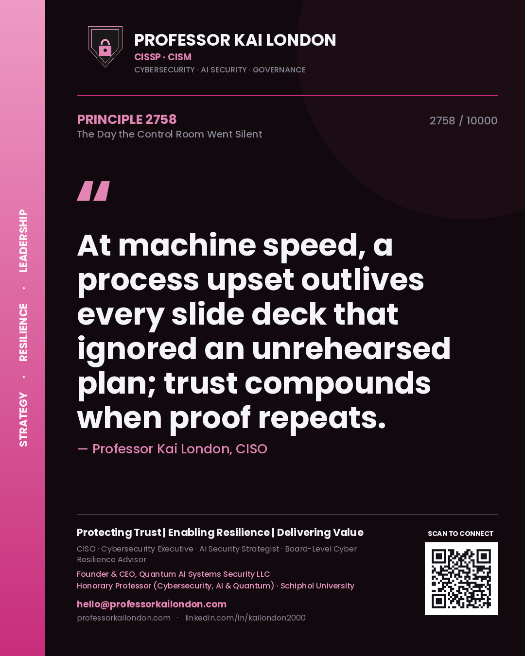 Professor Kai London principle 2758: At machine speed, a process upset outlives every slide deck that ignored an unrehearsed plan; trust compounds when proof repeats.