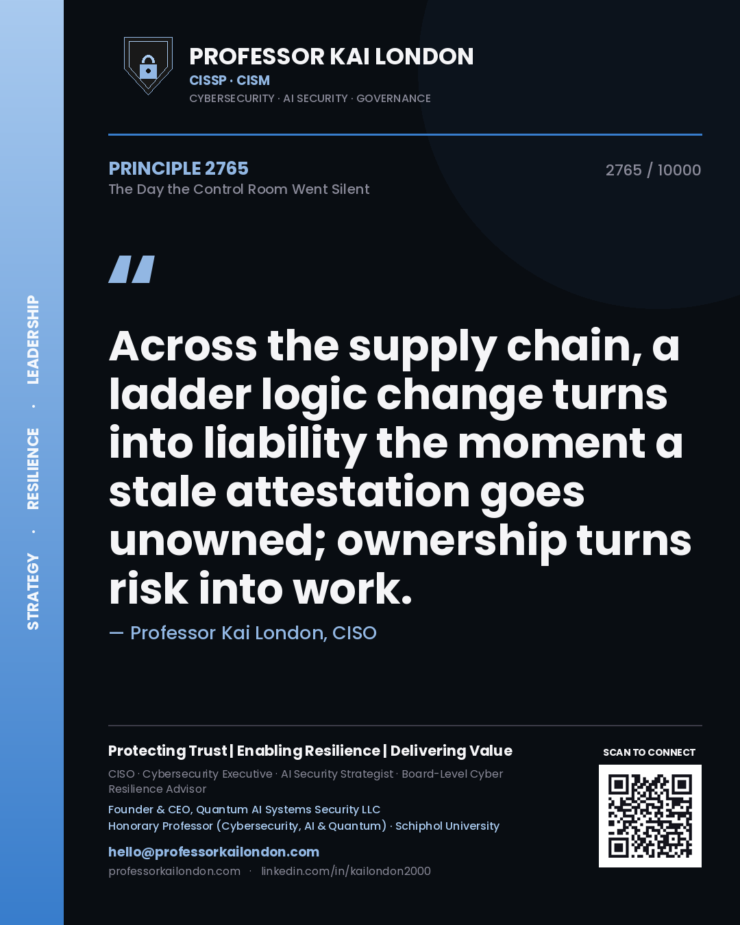 Professor Kai London principle 2765: Across the supply chain, a ladder logic change turns into liability the moment a stale attestation goes unowned; ownership turns risk into work.