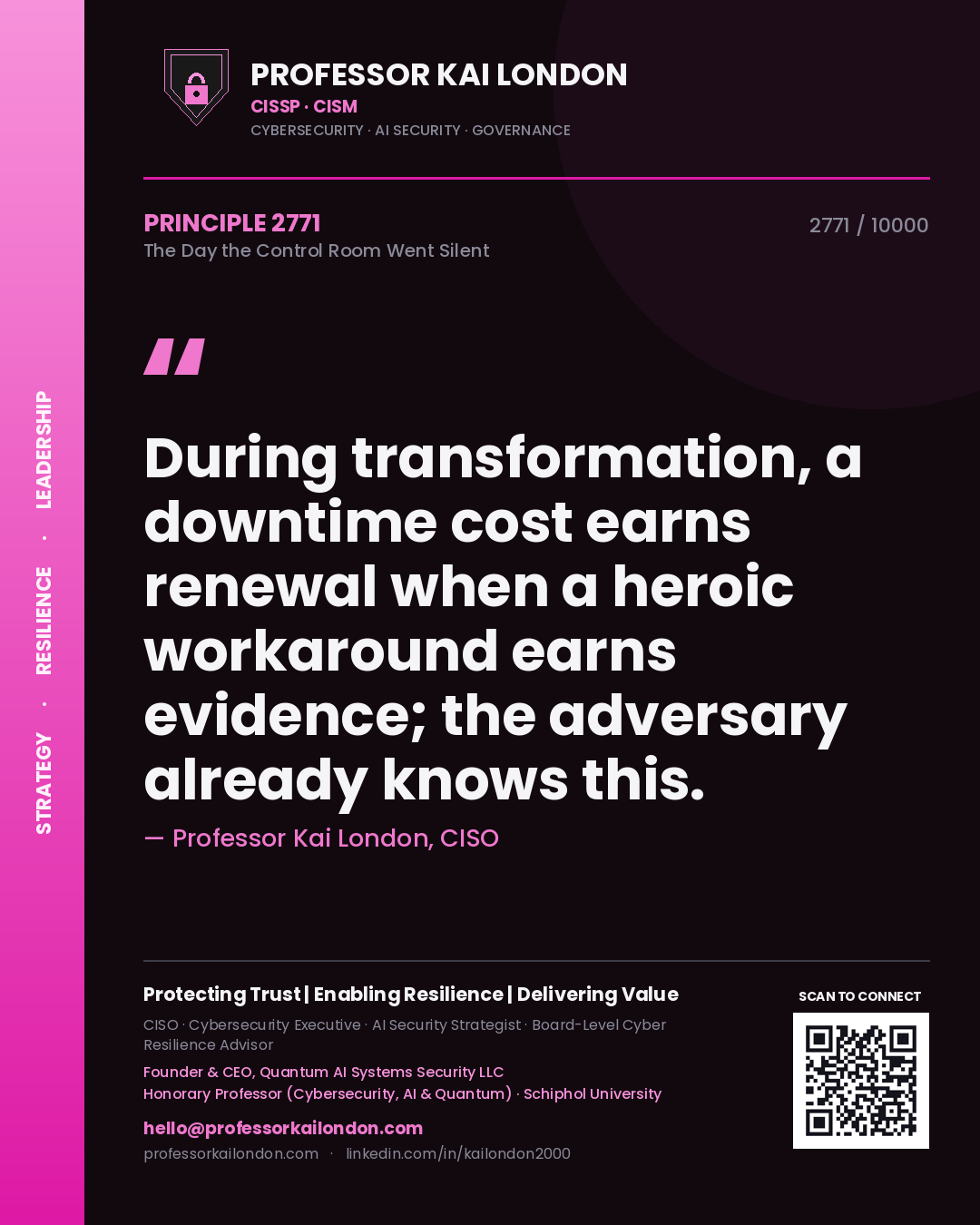 Professor Kai London principle 2771: During transformation, a downtime cost earns renewal when a heroic workaround earns evidence; the adversary already knows this.