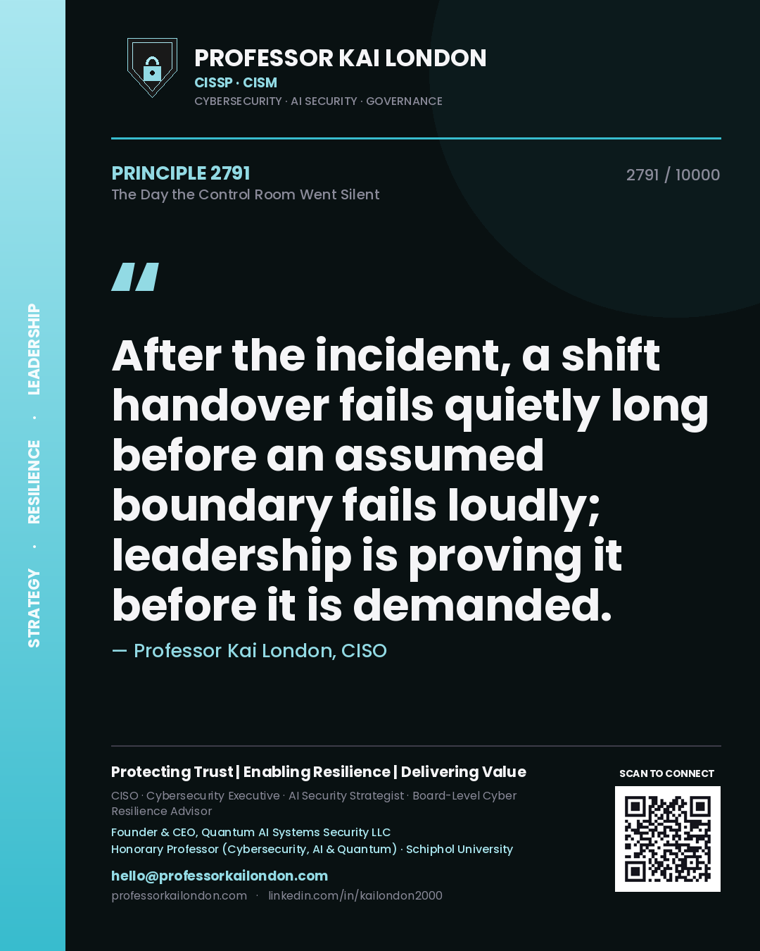 Professor Kai London principle 2791: After the incident, a shift handover fails quietly long before an assumed boundary fails loudly; leadership is proving it before it is demanded.