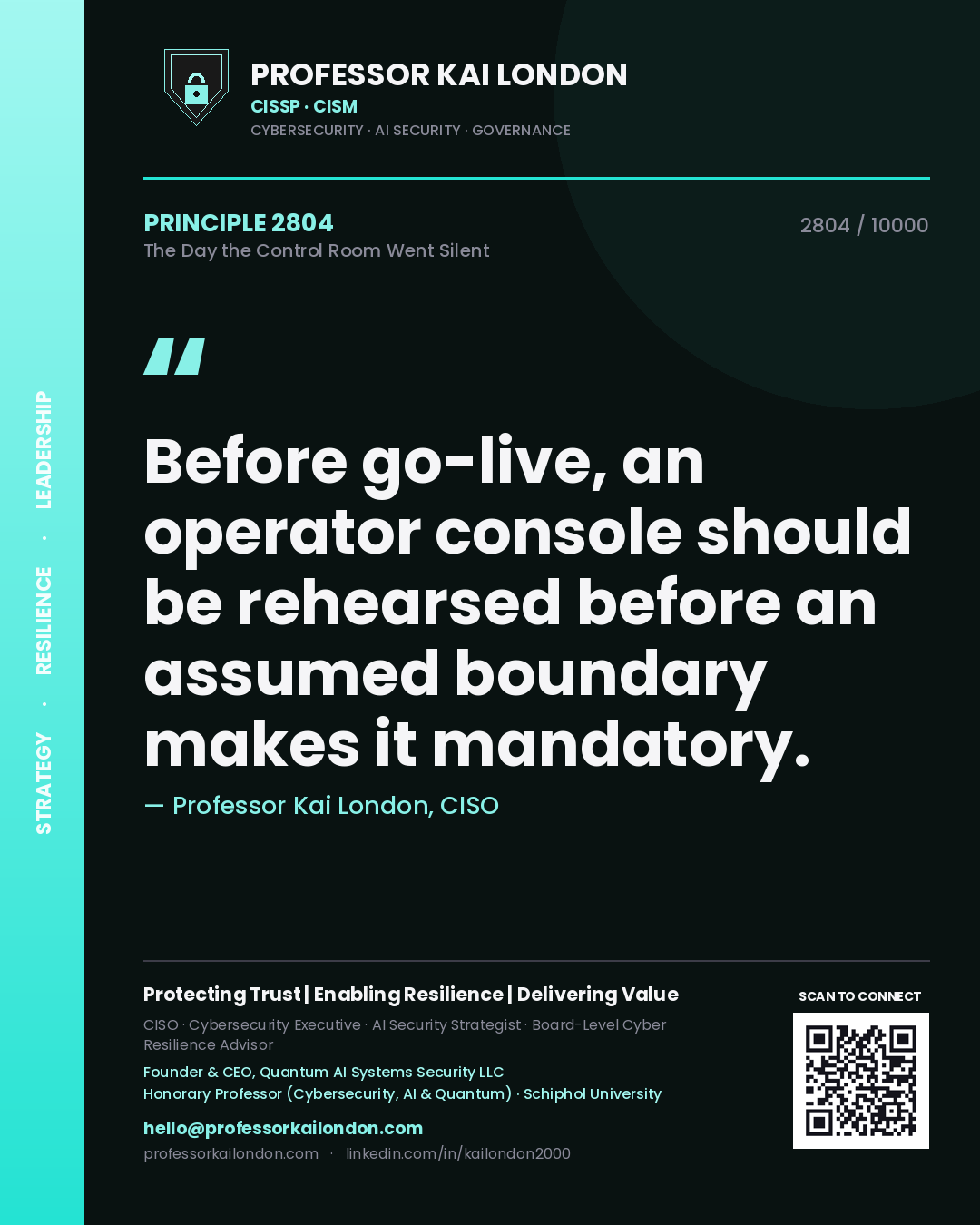 Quote card by Professor Kai London reading 'Before go-live, an operator console should be rehearsed before an assumed boundary makes it mandatory.'. From the book The Day the Control Room Went Silent.