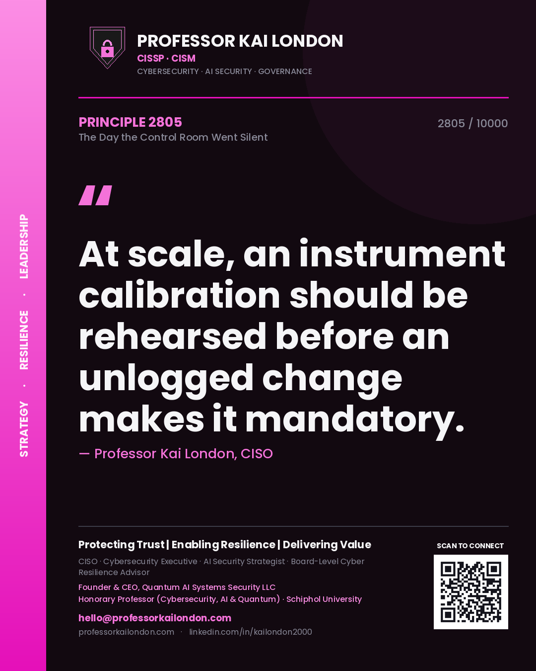Professor Kai London principle 2805: At scale, an instrument calibration should be rehearsed before an unlogged change makes it mandatory.