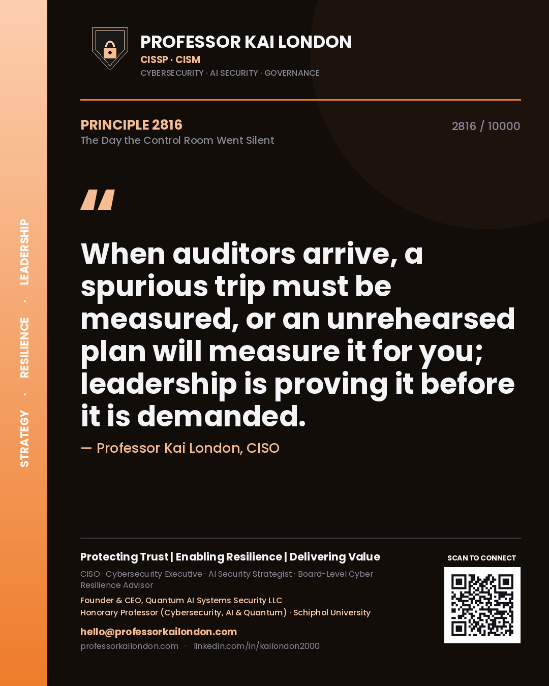 Professor Kai London principle 2816: When auditors arrive, a spurious trip must be measured, or an unrehearsed plan will measure it for you; leadership is proving it before it is demanded.