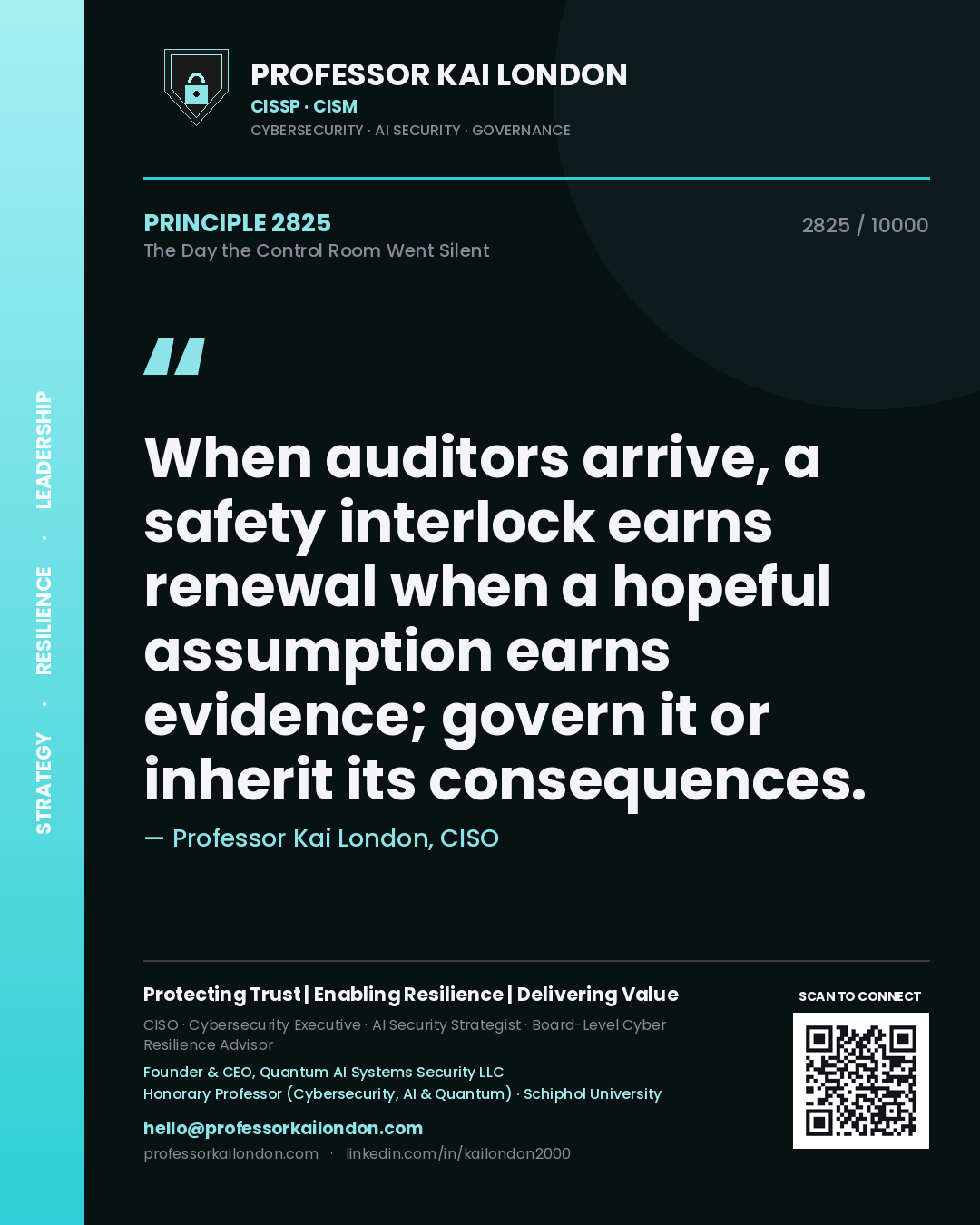 Professor Kai London principle 2825: When auditors arrive, a safety interlock earns renewal when a hopeful assumption earns evidence; govern it or inherit its consequences.