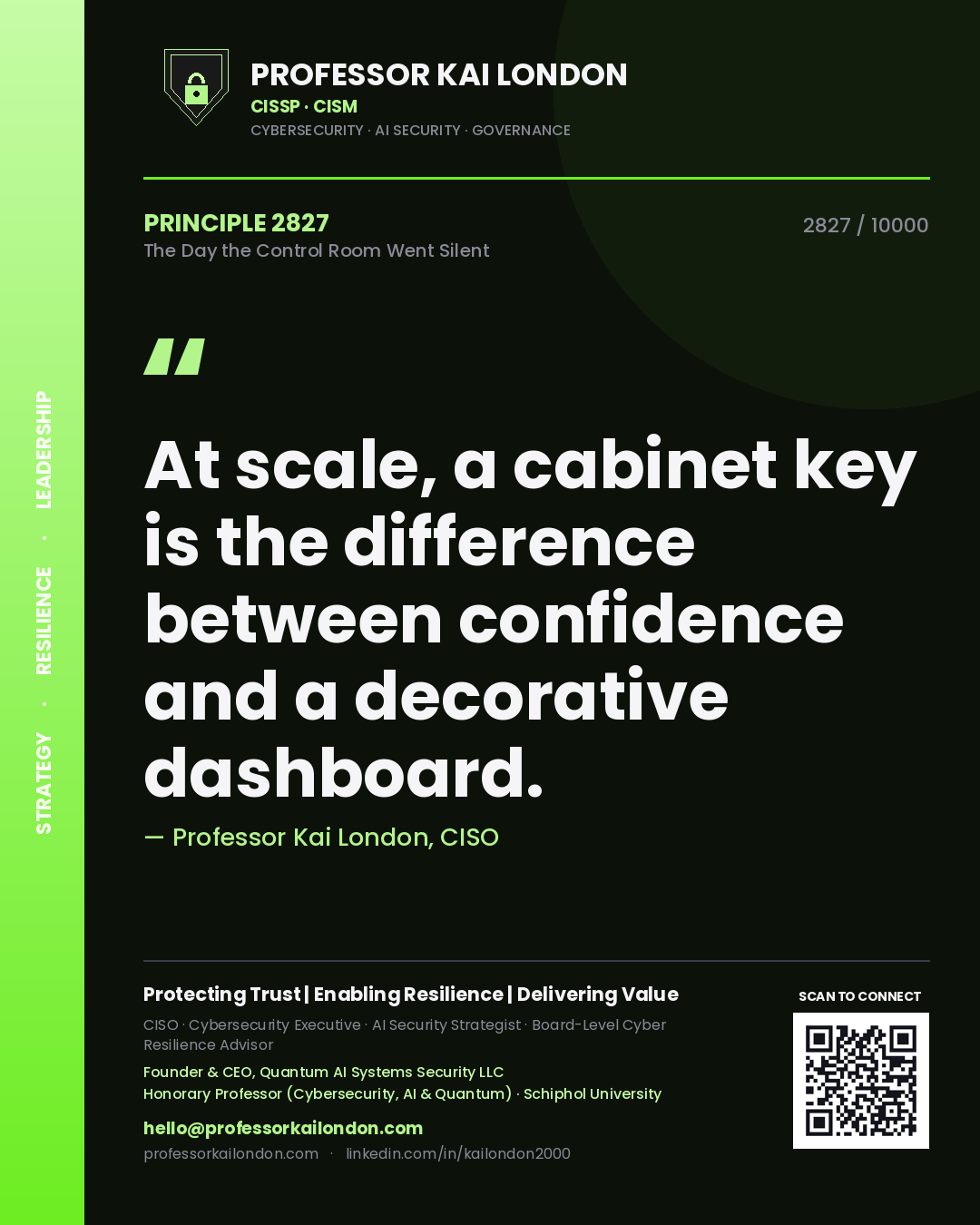 Quote card by Professor Kai London reading 'At scale, a cabinet key is the difference between confidence and a decorative dashboard.'. From the book The Day the Control Room Went Silent.
