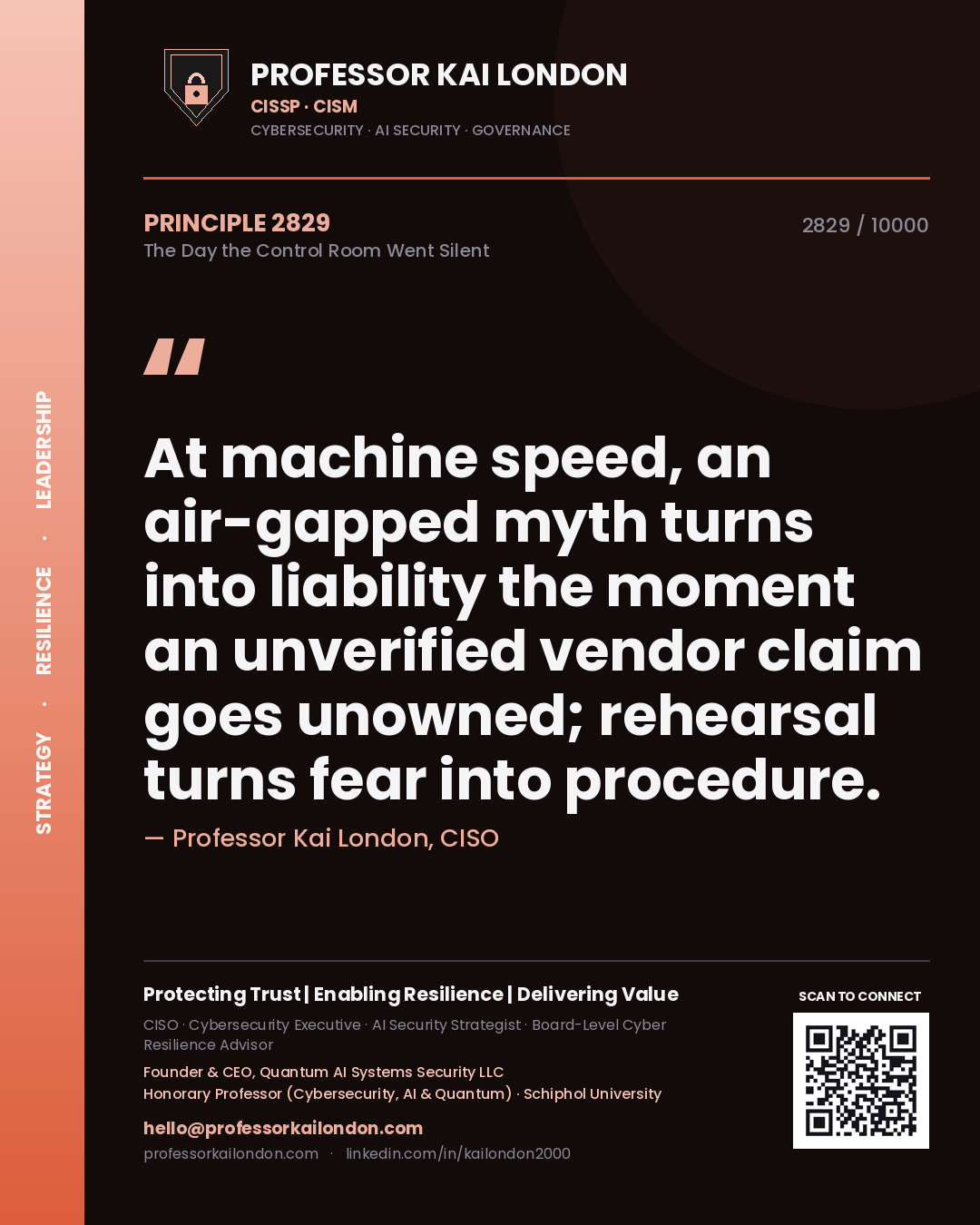 Professor Kai London principle 2829: At machine speed, an air-gapped myth turns into liability the moment an unverified vendor claim goes unowned; rehearsal turns fear into procedure.