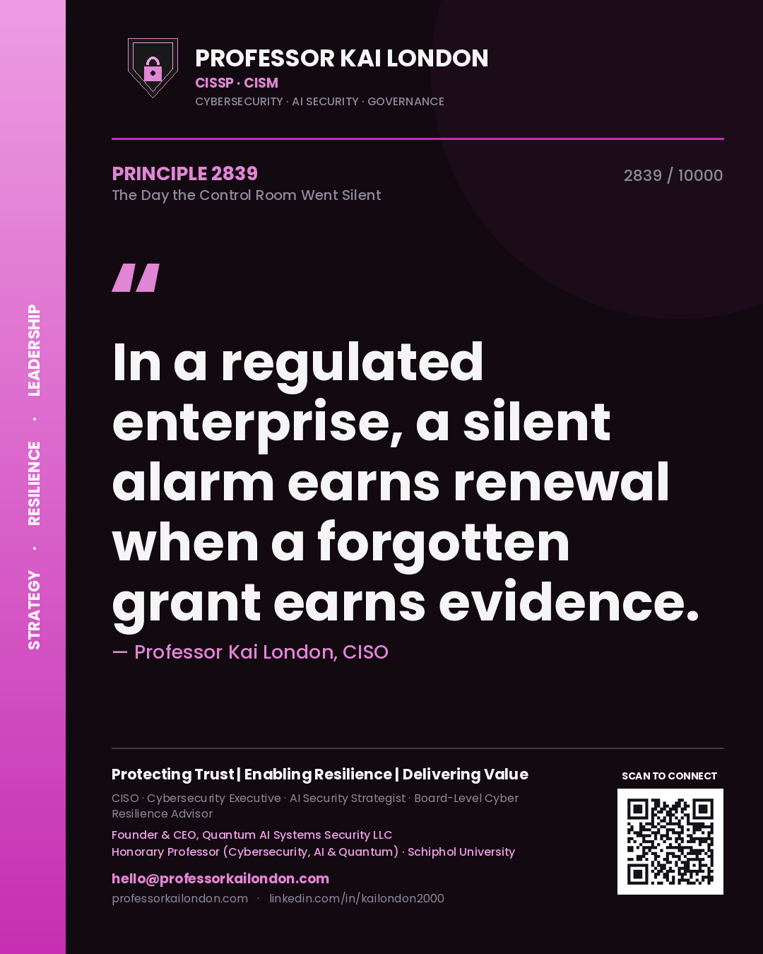 Professor Kai London principle 2839: In a regulated enterprise, a silent alarm earns renewal when a forgotten grant earns evidence.