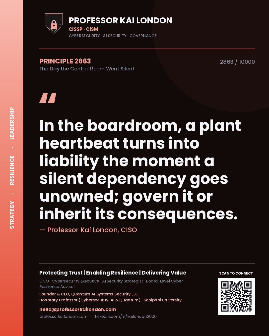 Professor Kai London principle 2863: In the boardroom, a plant heartbeat turns into liability the moment a silent dependency goes unowned; govern it or inherit its consequences.