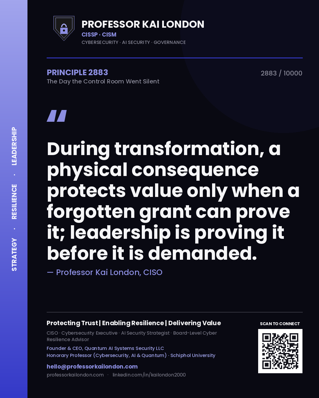 Professor Kai London principle 2883: During transformation, a physical consequence protects value only when a forgotten grant can prove it; leadership is proving it before it is demanded.