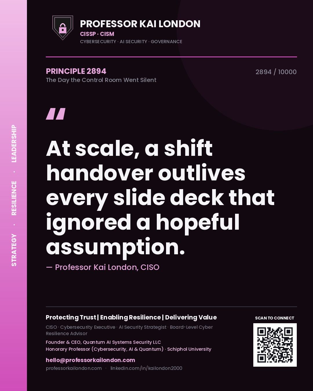 Quote card by Professor Kai London reading 'At scale, a shift handover outlives every slide deck that ignored a hopeful assumption.'. From the book The Day the Control Room Went Silent.