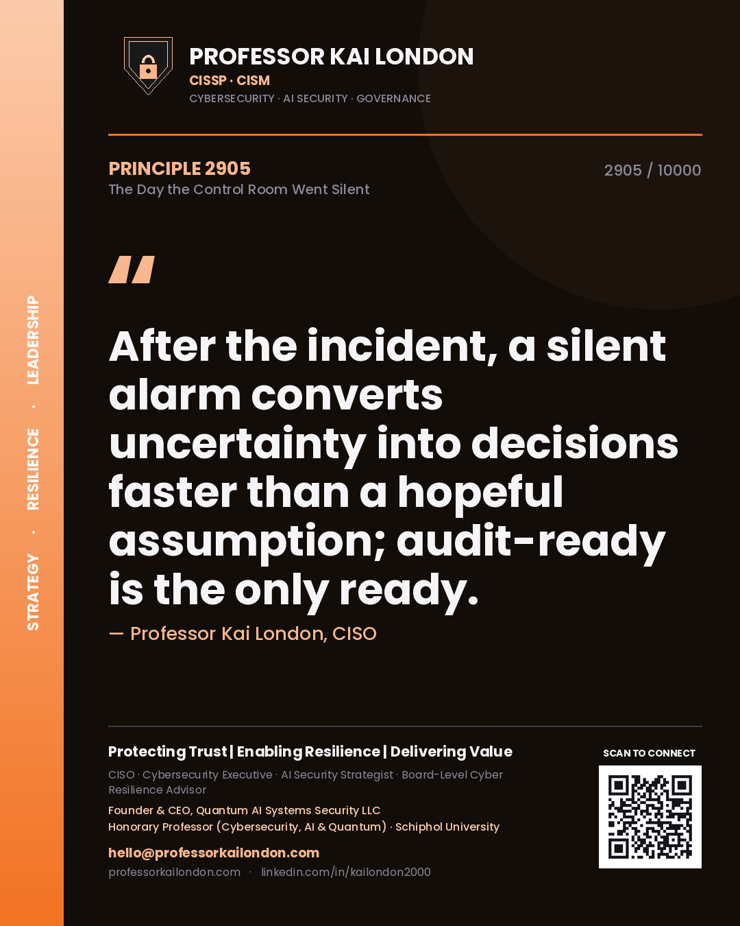 Quote card by Professor Kai London reading 'After the incident, a silent alarm converts uncertainty into decisions faster than a hopeful assumption; audit-ready is the only ready.'. From the book The Day the Control Room Went Silent.
