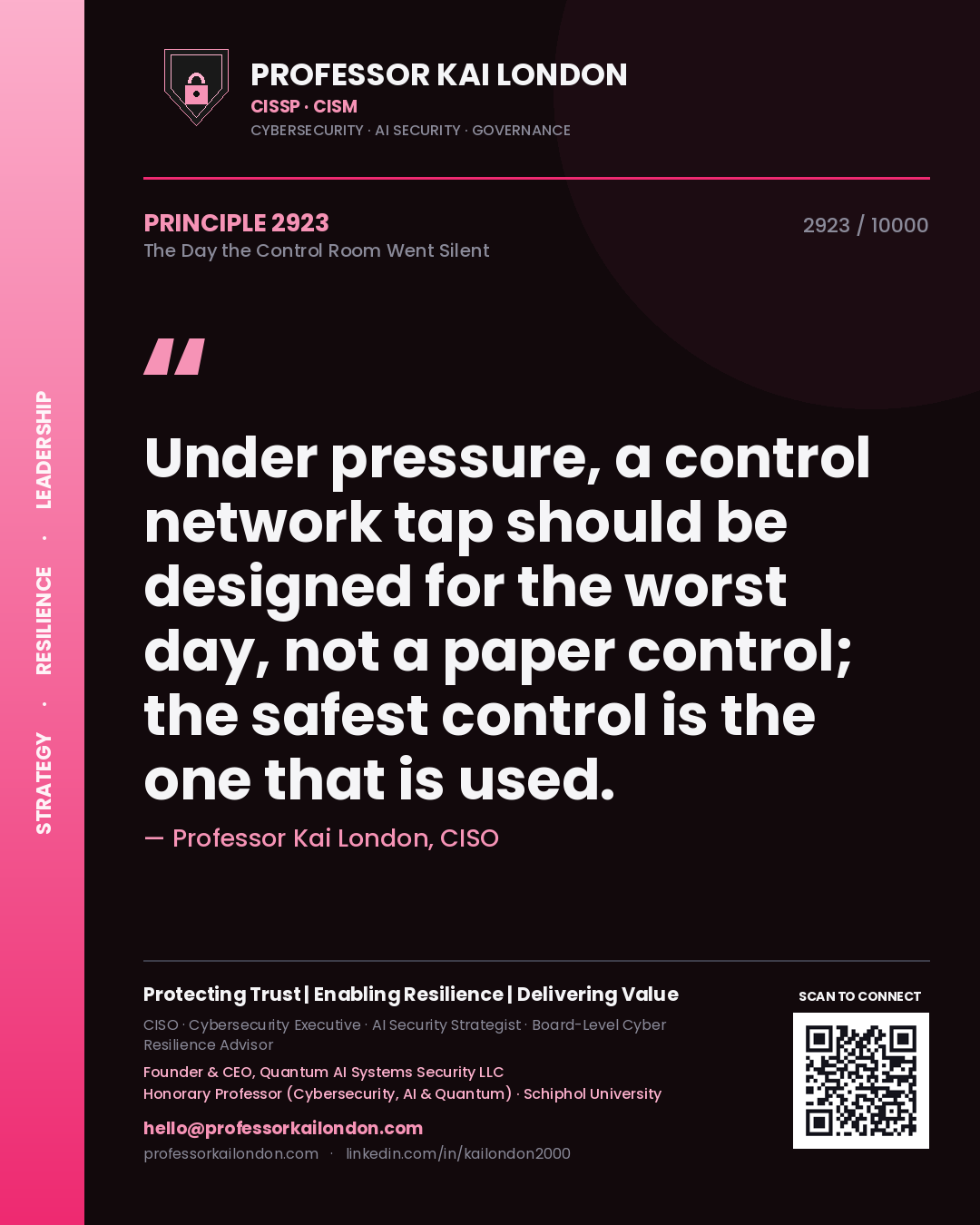 Quote card by Professor Kai London reading 'Under pressure, a control network tap should be designed for the worst day, not a paper control; the safest control is the one that is used.'. From the book The Day the Control Room Went Silent.