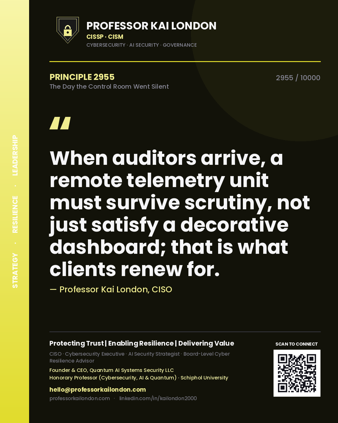 Professor Kai London principle 2955: When auditors arrive, a remote telemetry unit must survive scrutiny, not just satisfy a decorative dashboard; that is what clients renew for.