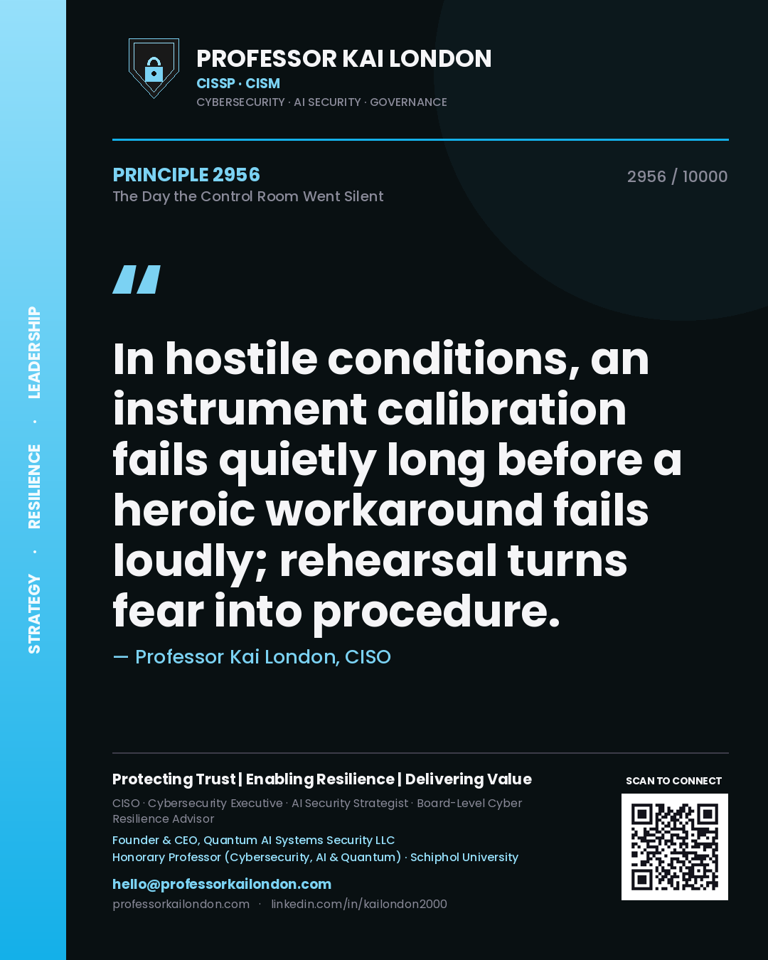 Quote card by Professor Kai London reading 'In hostile conditions, an instrument calibration fails quietly long before a heroic workaround fails loudly; rehearsal turns fear into procedure.'. From the book The Day the Control Room Went Silent.
