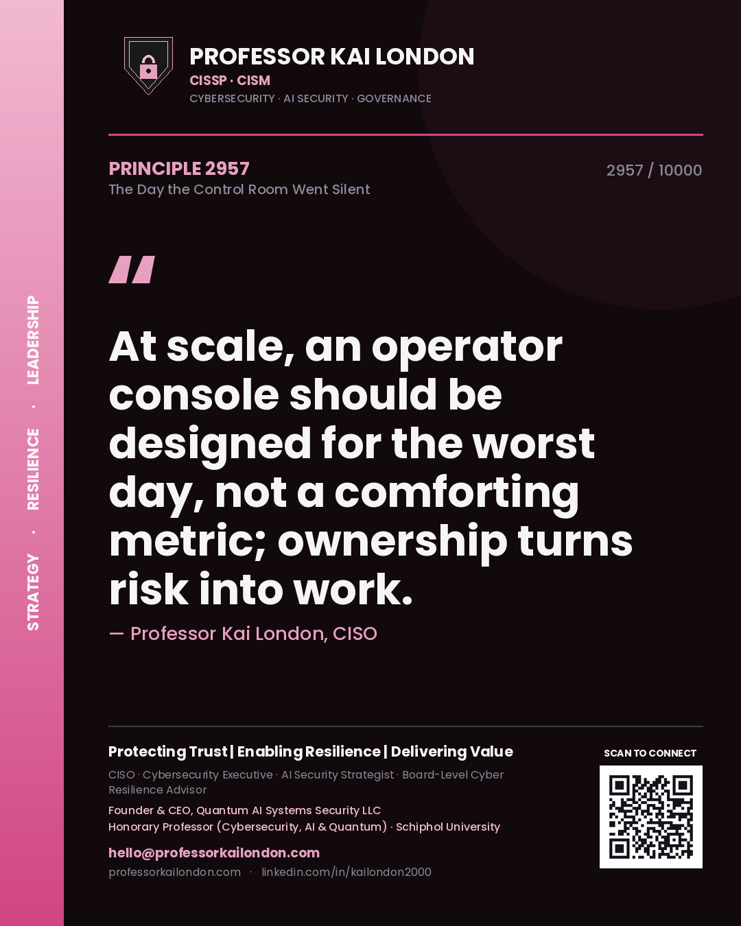 Quote card by Professor Kai London reading 'At scale, an operator console should be designed for the worst day, not a comforting metric; ownership turns risk into work.'. From the book The Day the Control Room Went Silent.