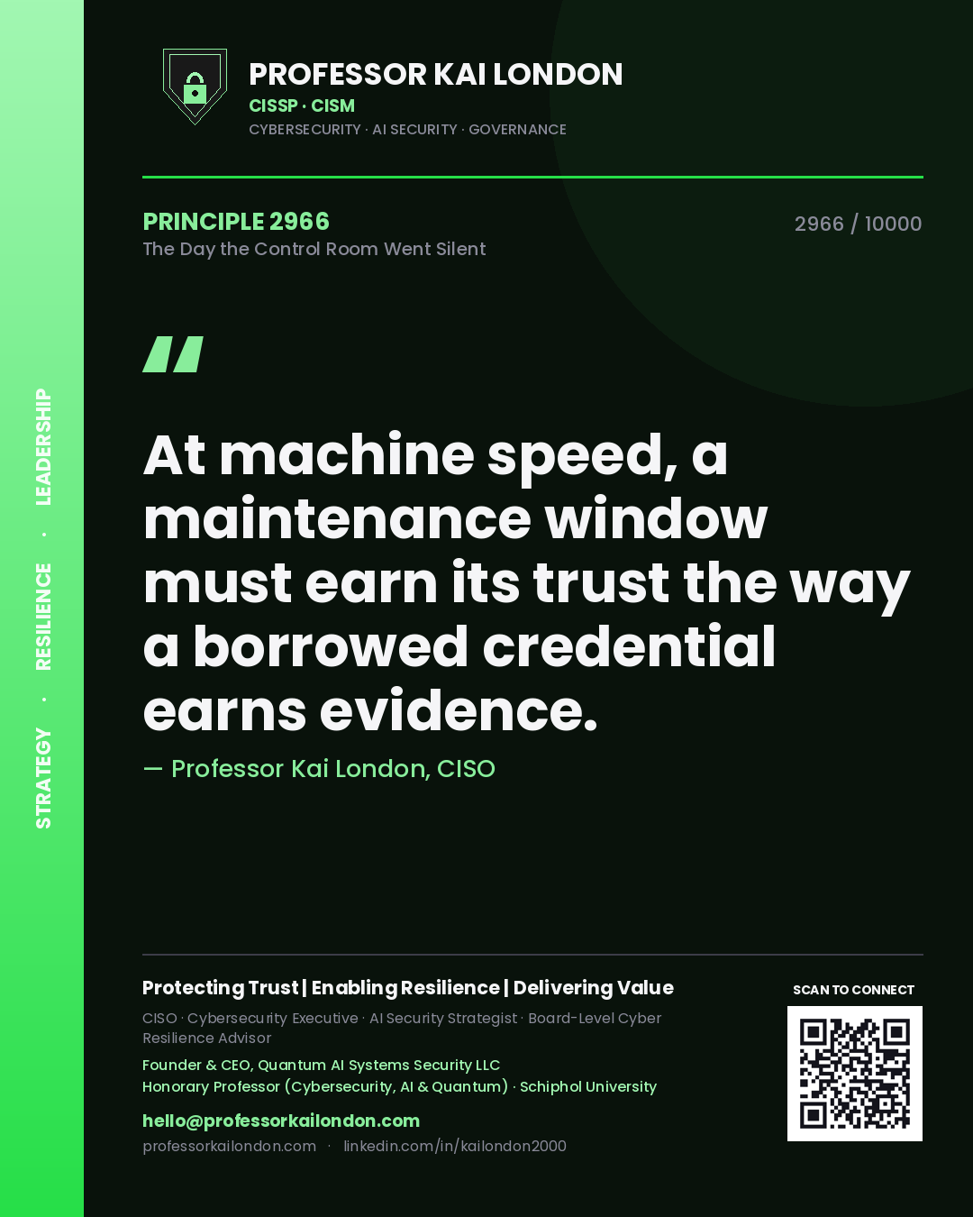 Professor Kai London principle 2966: At machine speed, a maintenance window must earn its trust the way a borrowed credential earns evidence.