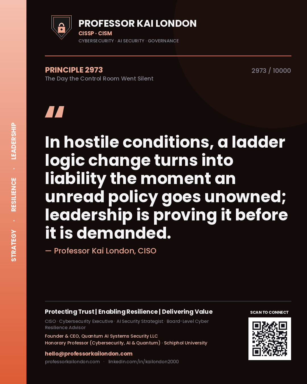 Professor Kai London principle 2973: In hostile conditions, a ladder logic change turns into liability the moment an unread policy goes unowned; leadership is proving it before it is demanded.