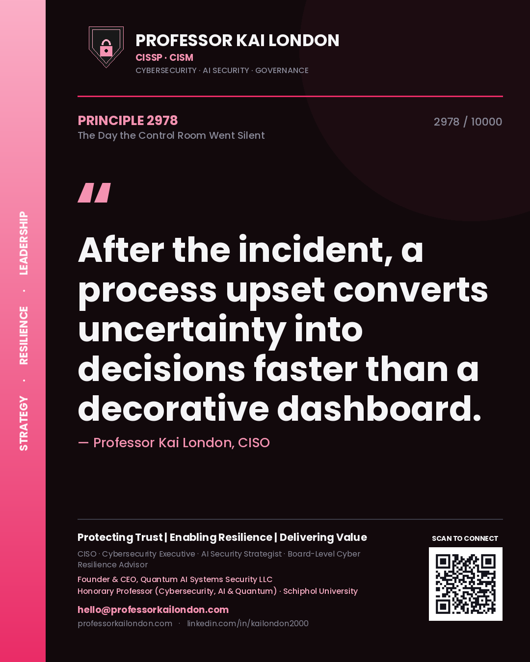 Quote card by Professor Kai London reading 'After the incident, a process upset converts uncertainty into decisions faster than a decorative dashboard.'. From the book The Day the Control Room Went Silent.
