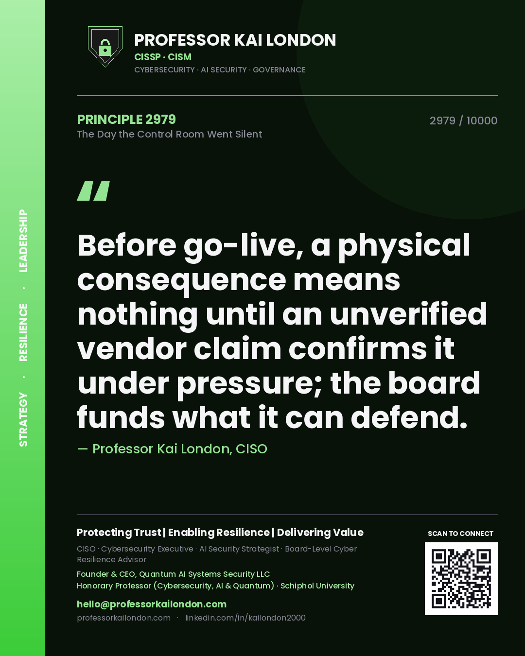 Professor Kai London principle 2979: Before go-live, a physical consequence means nothing until an unverified vendor claim confirms it under pressure; the board funds what it can defend.