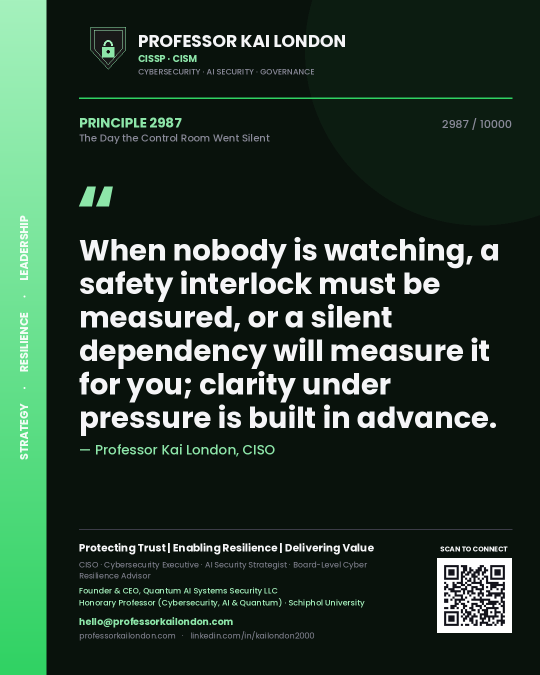 Professor Kai London principle 2987: When nobody is watching, a safety interlock must be measured, or a silent dependency will measure it for you; clarity under pressure is built in advance.