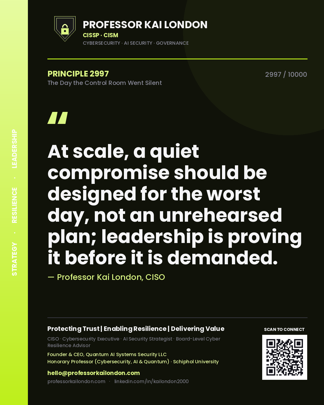 Professor Kai London principle 2997: At scale, a quiet compromise should be designed for the worst day, not an unrehearsed plan; leadership is proving it before it is demanded.