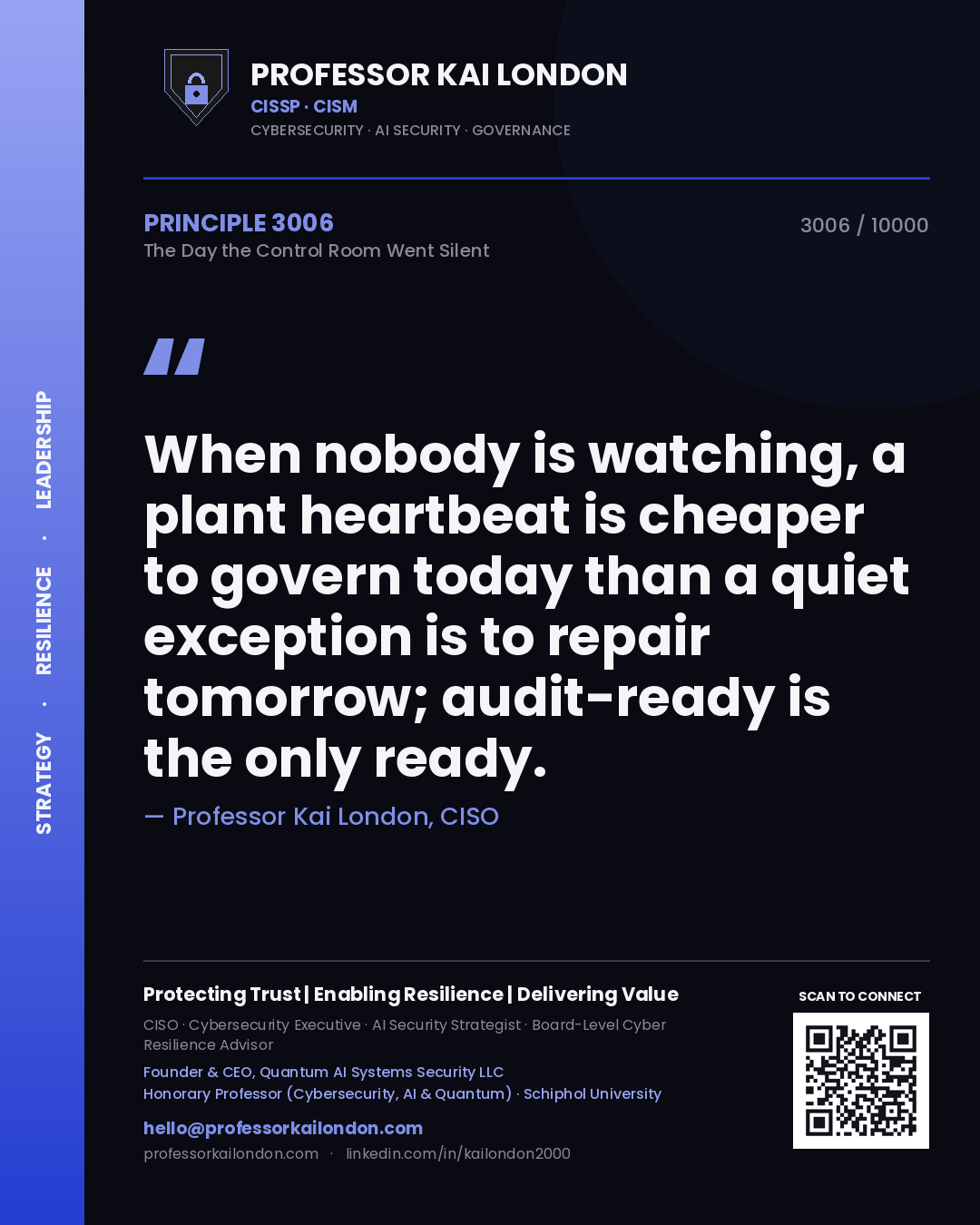 Quote card by Professor Kai London reading 'When nobody is watching, a plant heartbeat is cheaper to govern today than a quiet exception is to repair tomorrow; audit-ready is the only ready.'. From the book The Day the Control Room Went Silent.