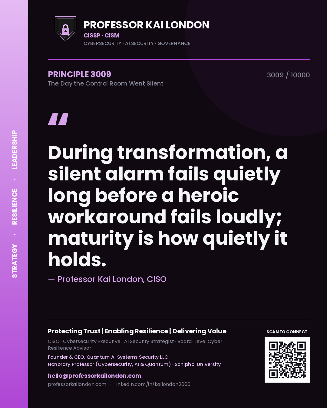 Quote card by Professor Kai London reading 'During transformation, a silent alarm fails quietly long before a heroic workaround fails loudly; maturity is how quietly it holds.'. From the book The Day the Control Room Went Silent.