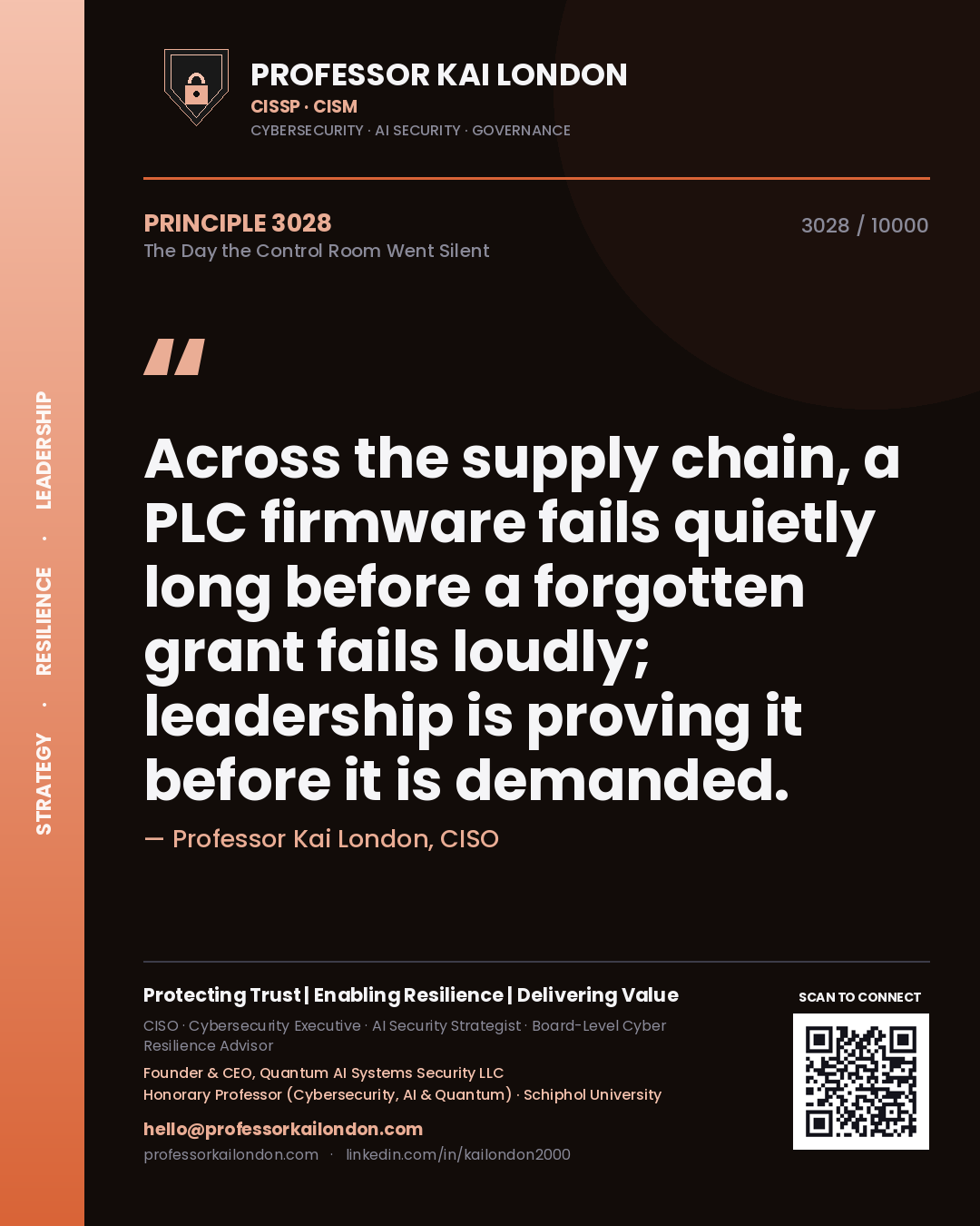 Quote card by Professor Kai London reading 'Across the supply chain, a PLC firmware fails quietly long before a forgotten grant fails loudly; leadership is proving it before it is demanded.'. From the book The Day the Control Room Went Silent.