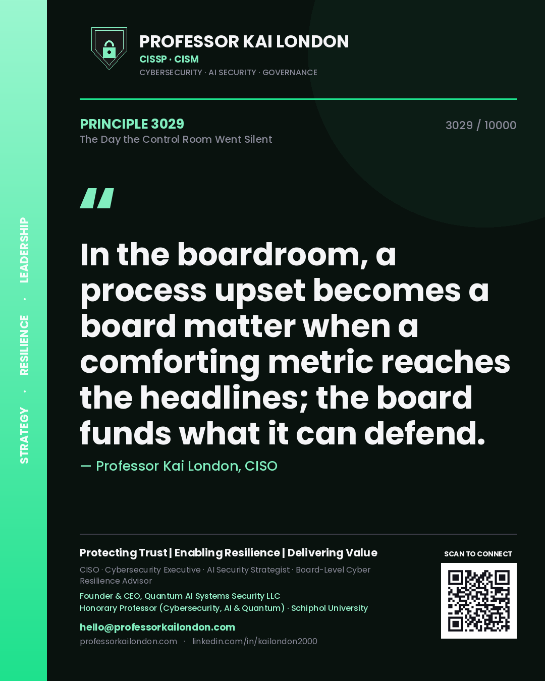 Professor Kai London principle 3029: In the boardroom, a process upset becomes a board matter when a comforting metric reaches the headlines; the board funds what it can defend.