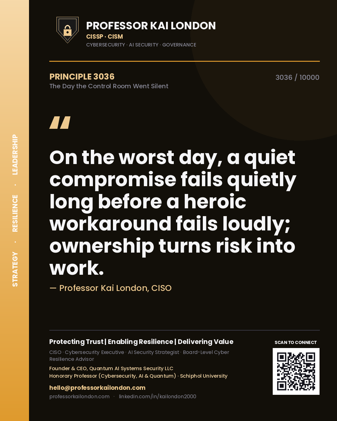 Professor Kai London principle 3036: On the worst day, a quiet compromise fails quietly long before a heroic workaround fails loudly; ownership turns risk into work.