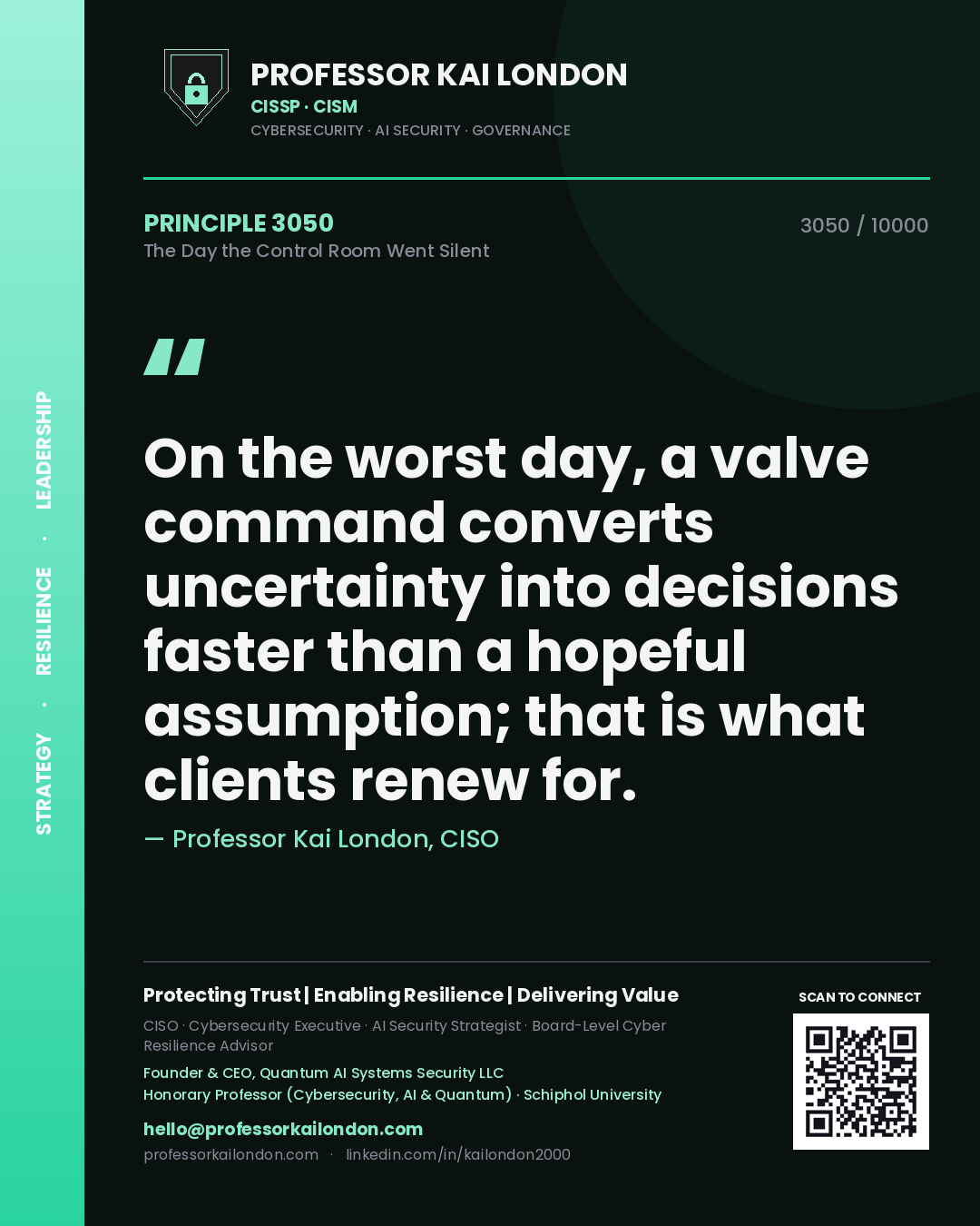 Professor Kai London principle 3050: On the worst day, a valve command converts uncertainty into decisions faster than a hopeful assumption; that is what clients renew for.