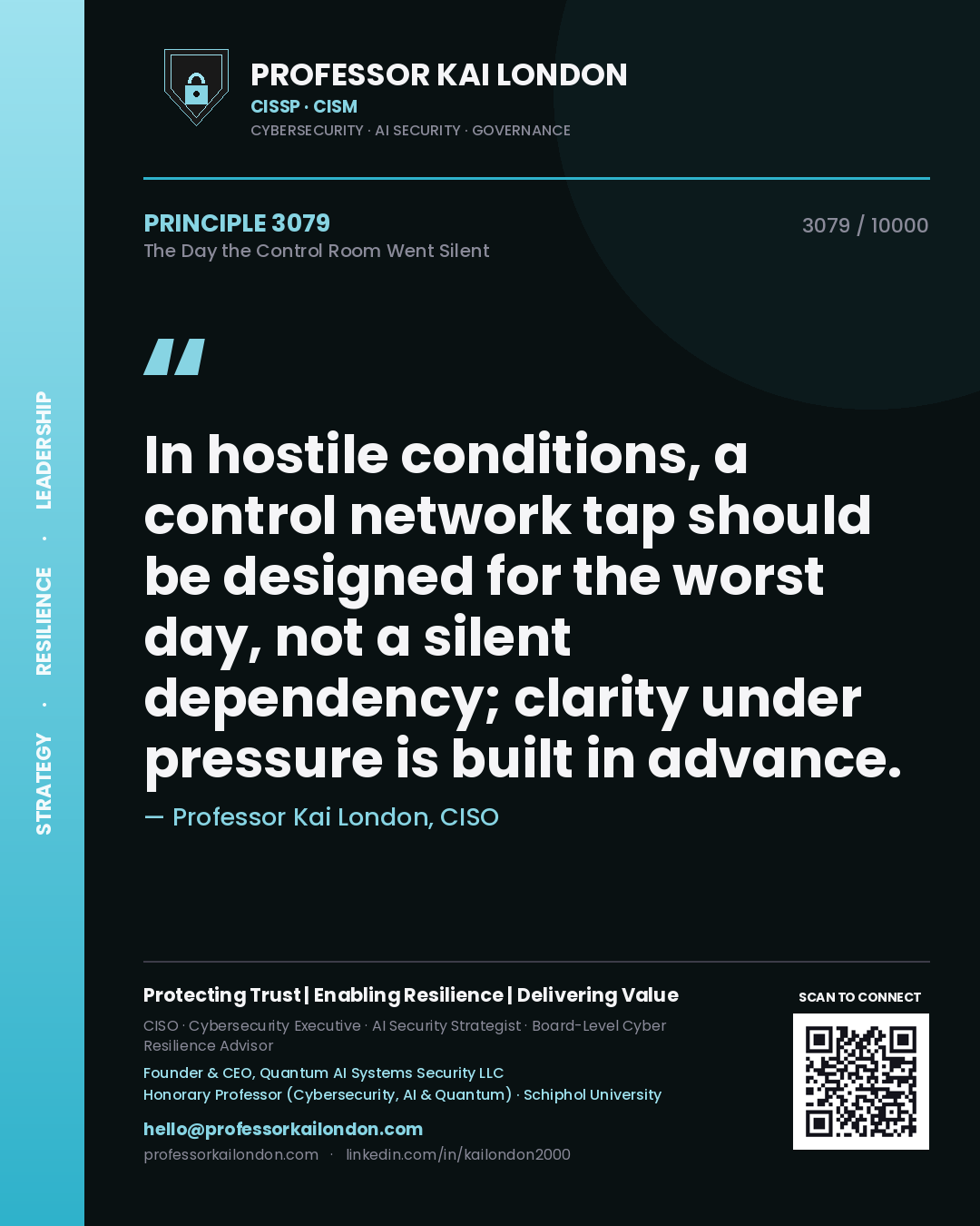 Professor Kai London principle 3079: In hostile conditions, a control network tap should be designed for the worst day, not a silent dependency; clarity under pressure is built in advance.