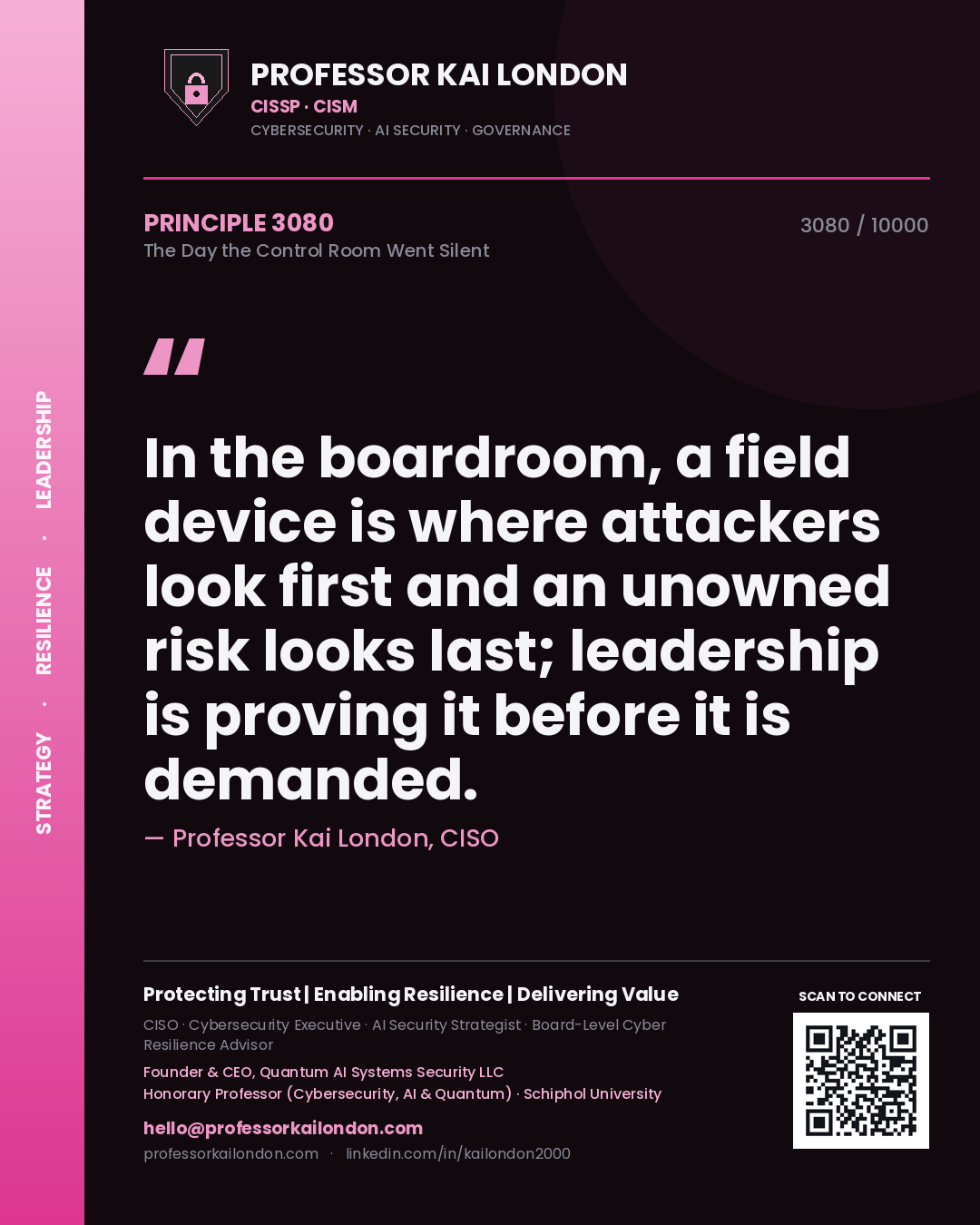 Professor Kai London principle 3080: In the boardroom, a field device is where attackers look first and an unowned risk looks last; leadership is proving it before it is demanded.