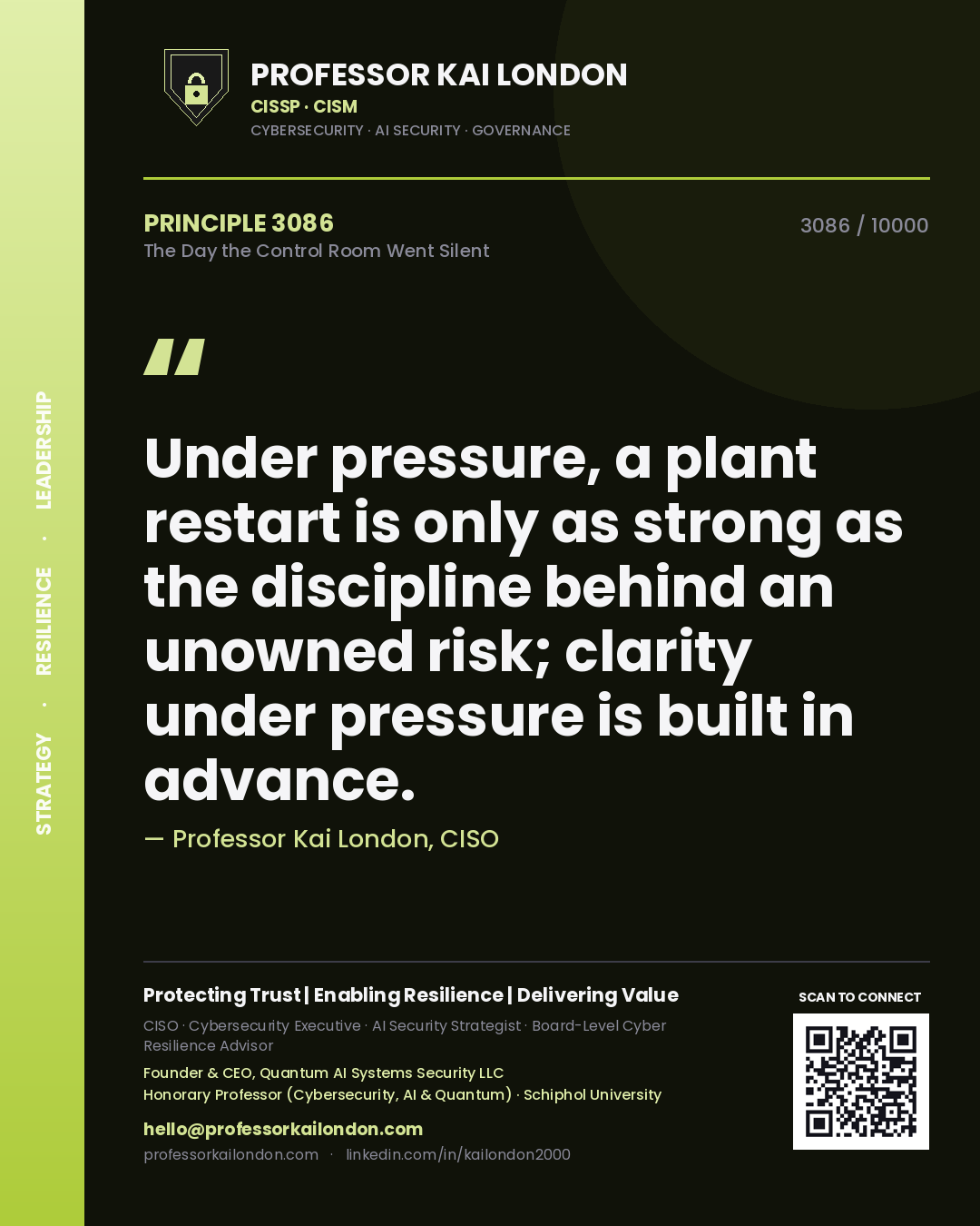 Quote card by Professor Kai London reading 'Under pressure, a plant restart is only as strong as the discipline behind an unowned risk; clarity under pressure is built in advance.'. From the book The Day the Control Room Went Silent.