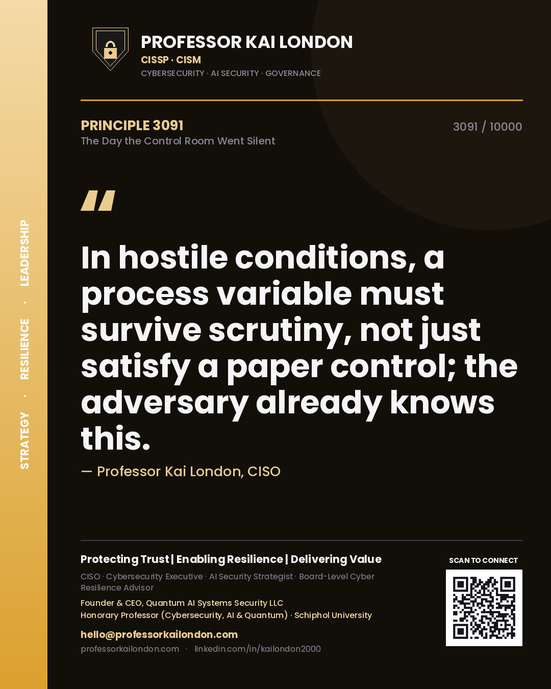 Quote card by Professor Kai London reading 'In hostile conditions, a process variable must survive scrutiny, not just satisfy a paper control; the adversary already knows this.'. From the book The Day the Control Room Went Silent.