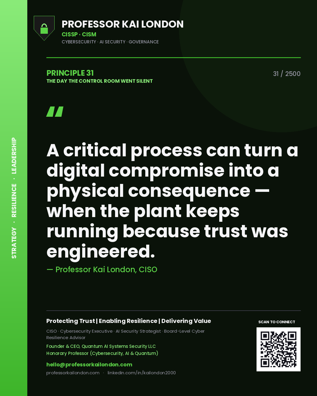 Quote card by Professor Kai London reading 'A critical process can turn a digital compromise into a physical consequence — when the plant keeps running because trust was engineered.'. From the book The Day the Control Room Went Silent.