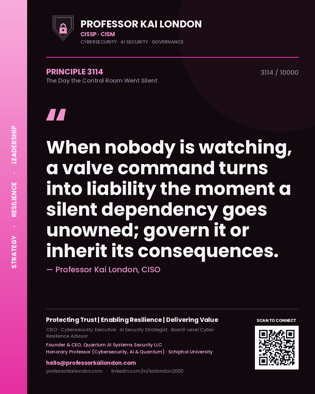 Professor Kai London principle 3114: When nobody is watching, a valve command turns into liability the moment a silent dependency goes unowned; govern it or inherit its consequences.