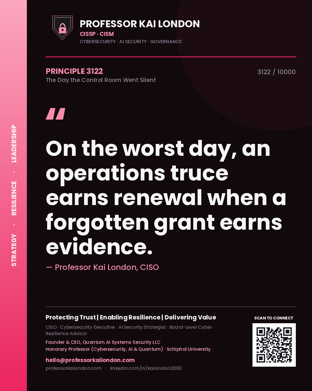 Professor Kai London principle 3122: On the worst day, an operations truce earns renewal when a forgotten grant earns evidence.