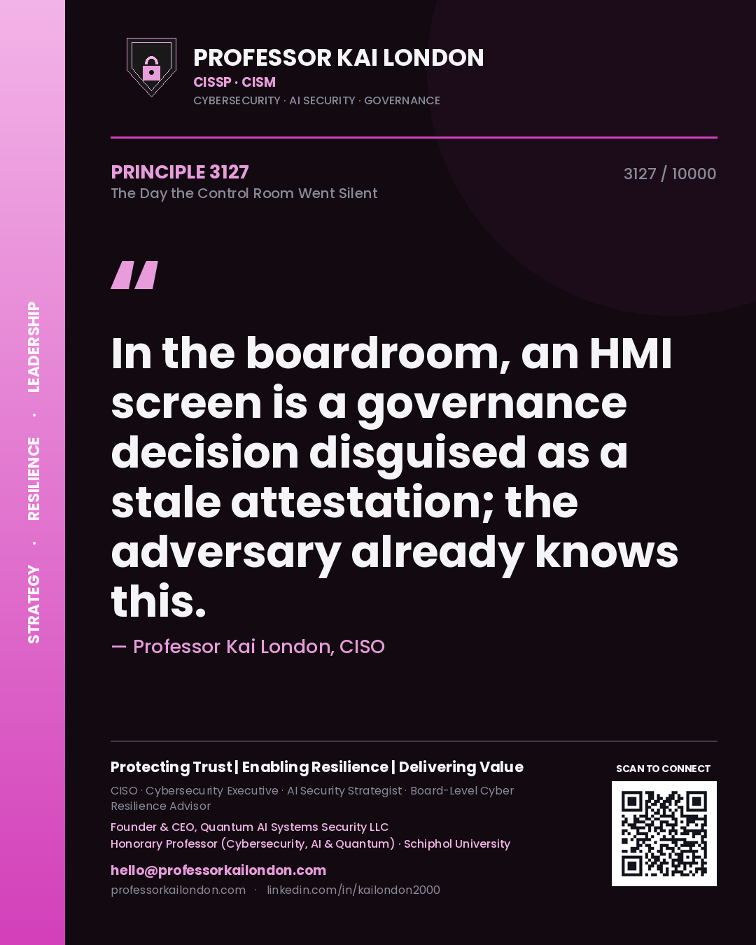 Professor Kai London principle 3127: In the boardroom, an HMI screen is a governance decision disguised as a stale attestation; the adversary already knows this.