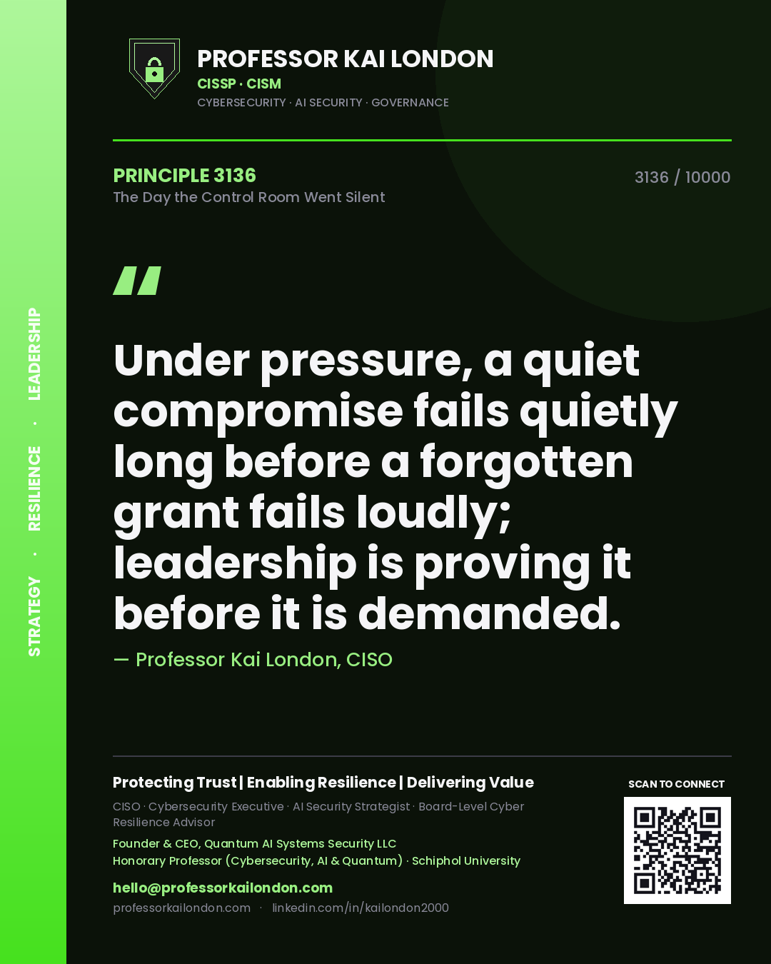 Quote card by Professor Kai London reading 'Under pressure, a quiet compromise fails quietly long before a forgotten grant fails loudly; leadership is proving it before it is demanded.'. From the book The Day the Control Room Went Silent.