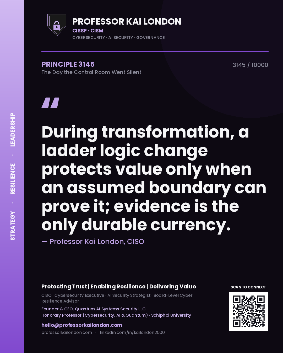 Quote card by Professor Kai London reading 'During transformation, a ladder logic change protects value only when an assumed boundary can prove it; evidence is the only durable currency.'. From the book The Day the Control Room Went Silent.