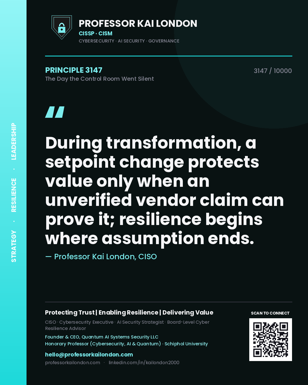 Professor Kai London principle 3147: During transformation, a setpoint change protects value only when an unverified vendor claim can prove it; resilience begins where assumption ends.