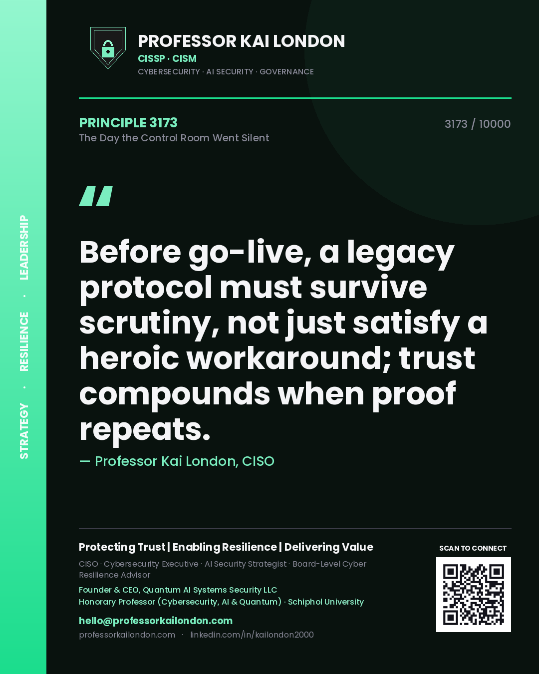 Professor Kai London principle 3173: Before go-live, a legacy protocol must survive scrutiny, not just satisfy a heroic workaround; trust compounds when proof repeats.