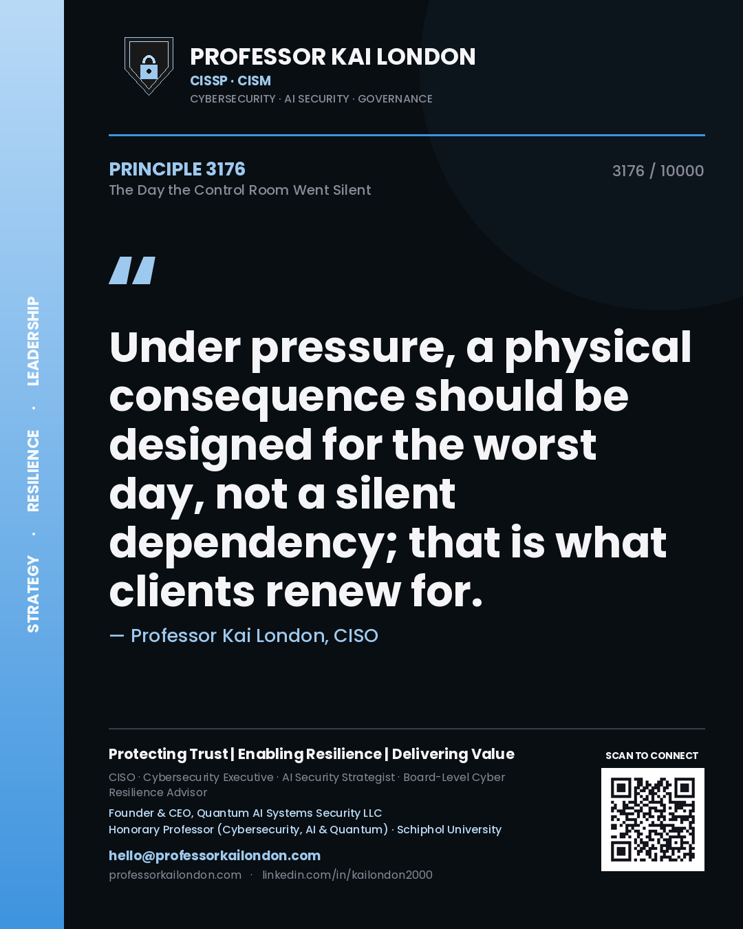 Professor Kai London principle 3176: Under pressure, a physical consequence should be designed for the worst day, not a silent dependency; that is what clients renew for.