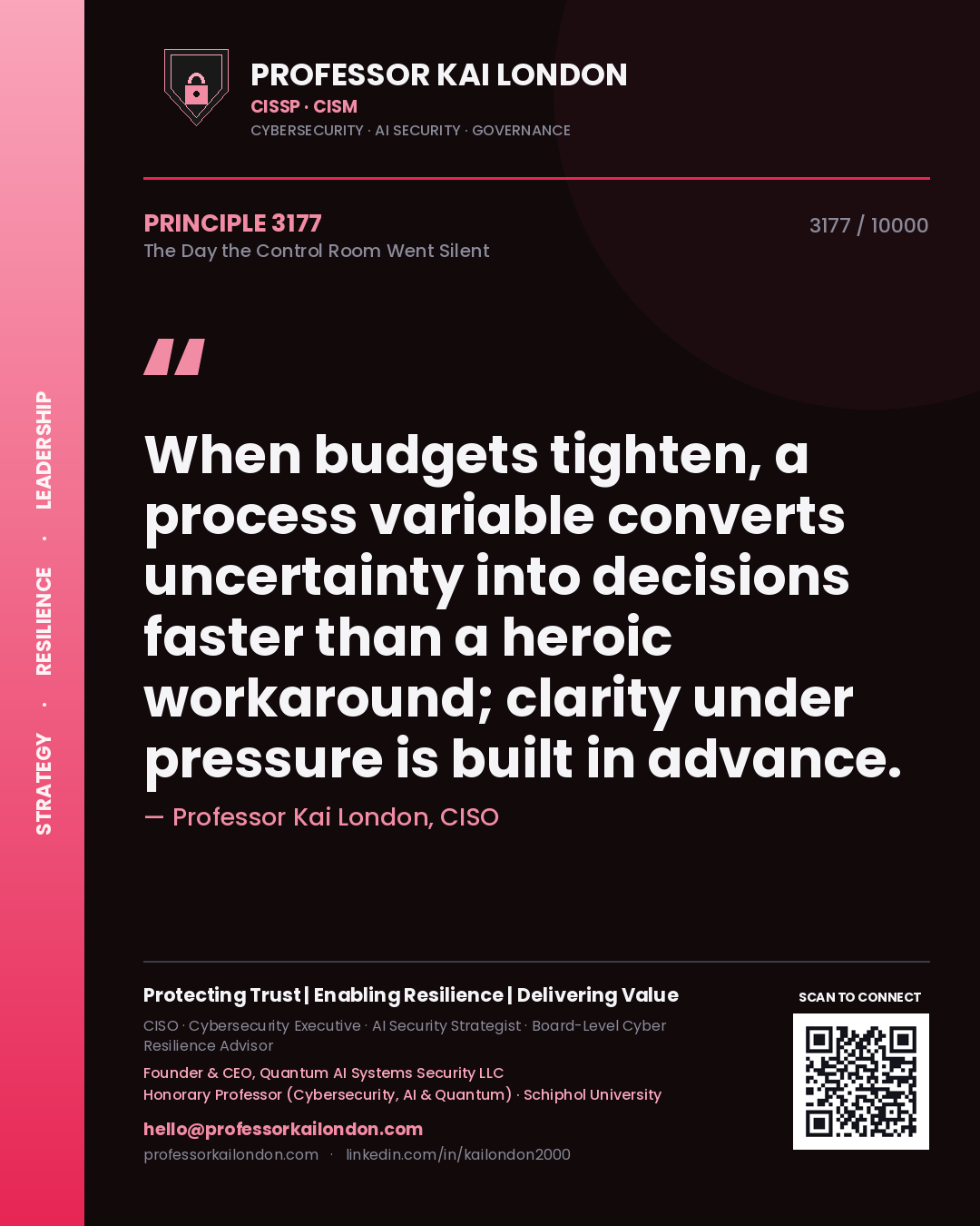 Professor Kai London principle 3177: When budgets tighten, a process variable converts uncertainty into decisions faster than a heroic workaround; clarity under pressure is built in advance.