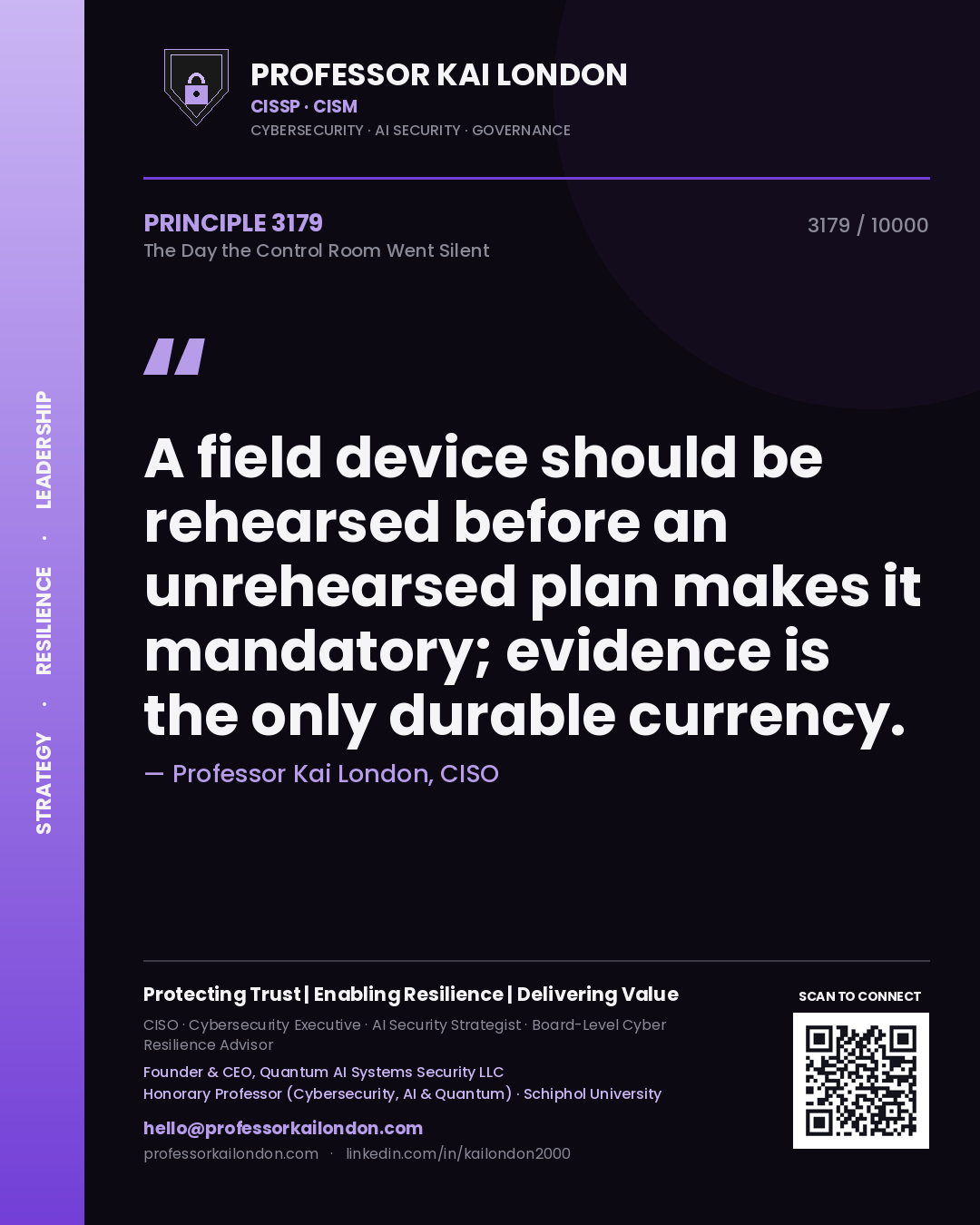 Professor Kai London principle 3179: A field device should be rehearsed before an unrehearsed plan makes it mandatory; evidence is the only durable currency.