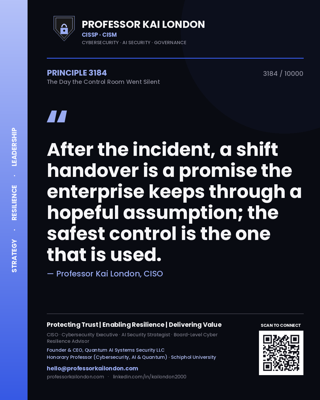 Professor Kai London principle 3184: After the incident, a shift handover is a promise the enterprise keeps through a hopeful assumption; the safest control is the one that is used.